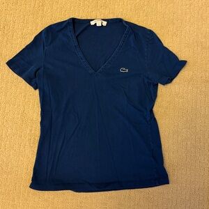 Lacoste T-shirt Women 36 Navy Blue Crocodile V-Neck
